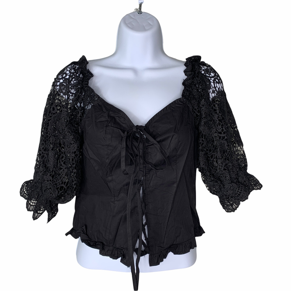 Black Corset Top With Long Lace Sleeves Bow New Medium - Picture 2 of 8